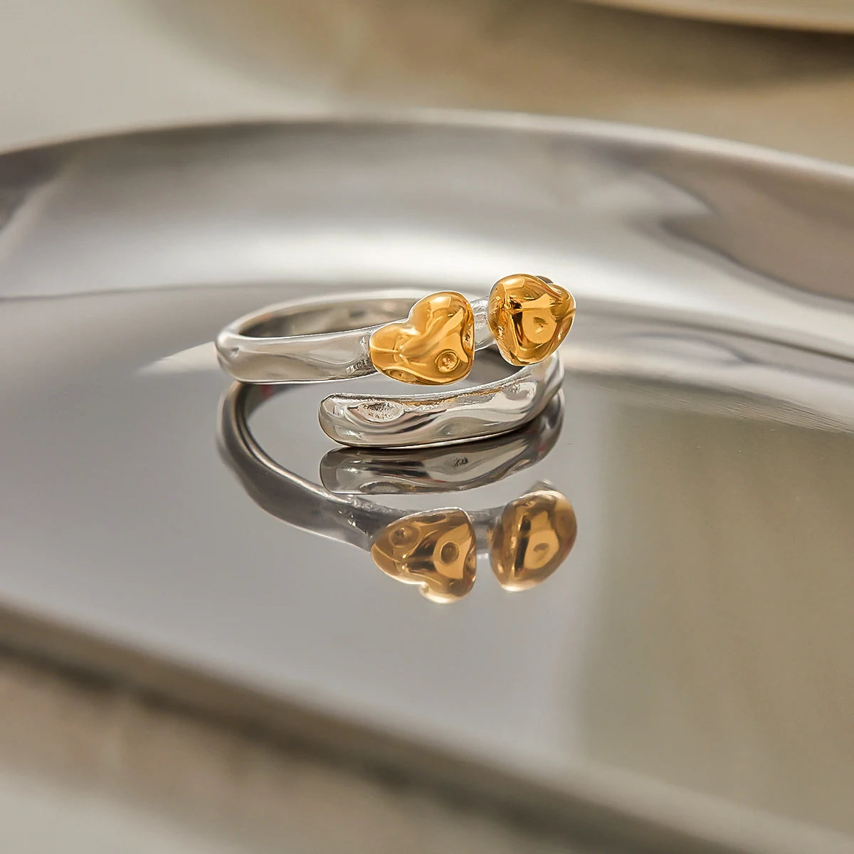 Minimalist Stainless Steel Two tone Line Heart Shaped Ring