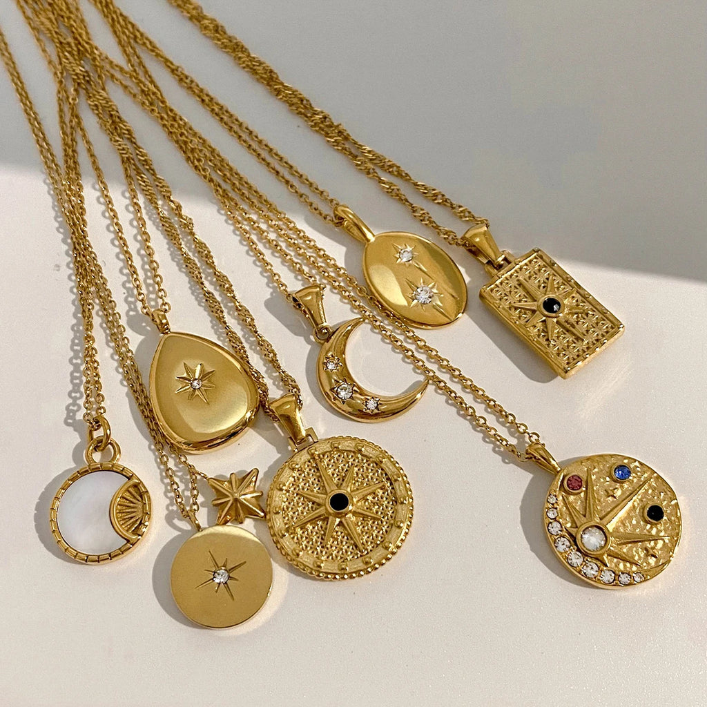 Dainty Moon Necklace Gold Color Sun With Opal Stone
