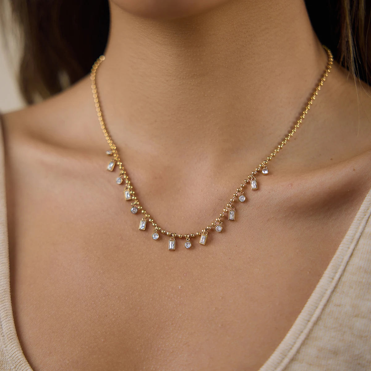 Kika Classic Rectangle Round Clear Zircons Bead Chain Necklace