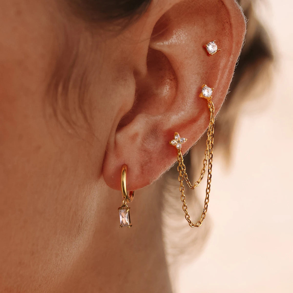 White Zircon Clover Square Pendant Earrings