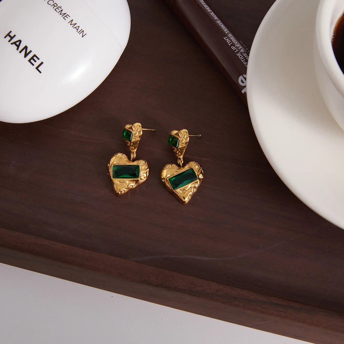 Vintage Square Green Zircon Heart Shape Pendant Earrings