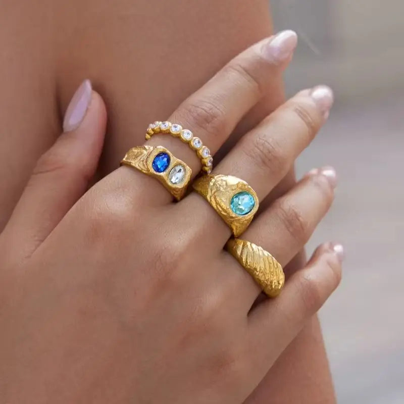 Kika Elegant Blue Crystal Chunky Rings 18K Gold PVD Plated Stainless Steel 316l