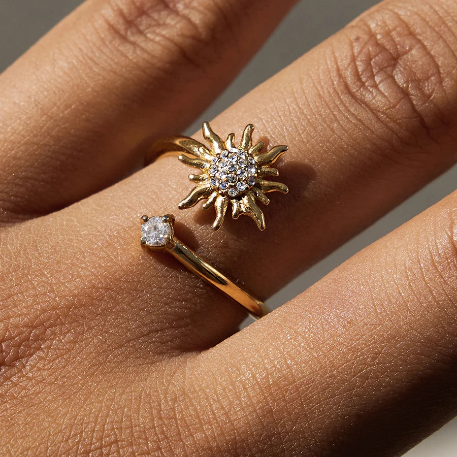 KIKA Personalized Design 18K Gold Color Plated Inlay Zircon Sun Shape Asymmetry Open Ring Waterproof Stainless Steel Jewelry