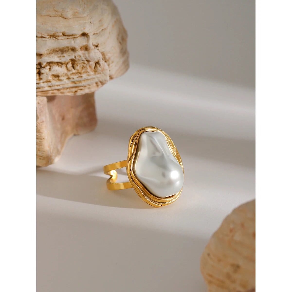 KIKA Fashion Imitation Pearl Stainless Steel 316L Gold Color Ring for Women Engagement Party Gift Temperament