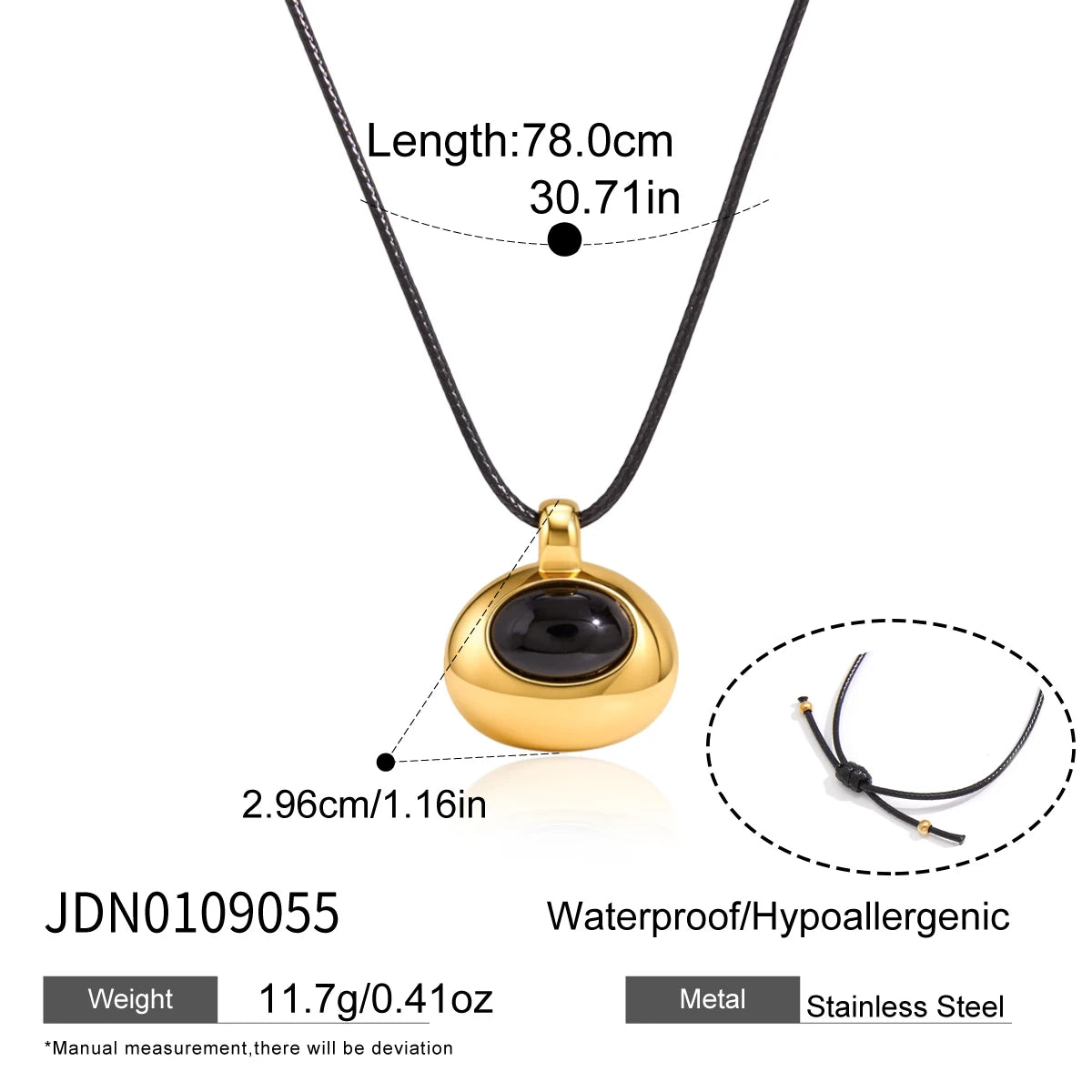 KIKA Black Agate Stone Pendant Long Rope Chain Necklace For Women 18K Gold PVD Plated Stainless Steel Necklace Fashion Jewelry