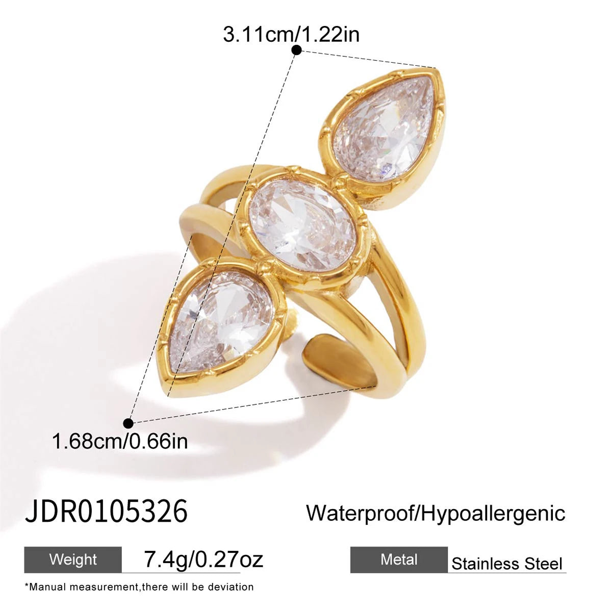 KIKA Luxury Geometric Zircon Open Rings Minimalist 18K Gold PVD Plated Stainless Steel 316L