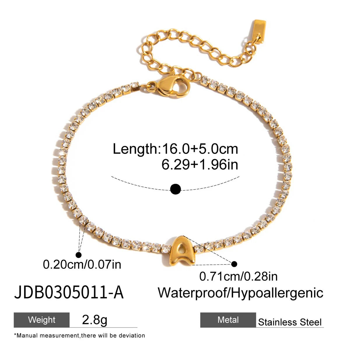 Stainless Steel White Rhinestone Chain Twelve Letter Bracelet
