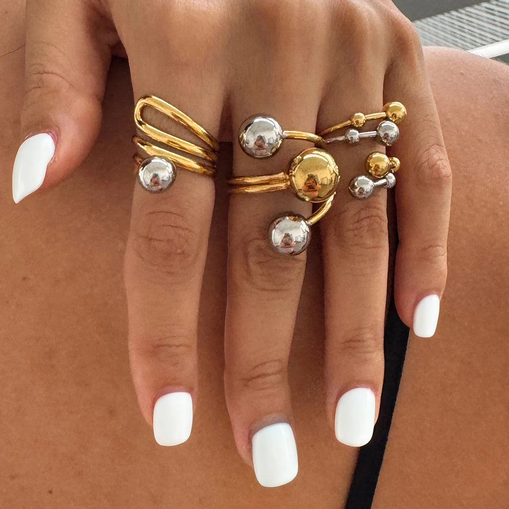 KIKA Minimalist 18k Gold Color PVD Plated Stainless Steel 316L Double tone Line Hollow Steel Ball Ring Personality Statement Stackable