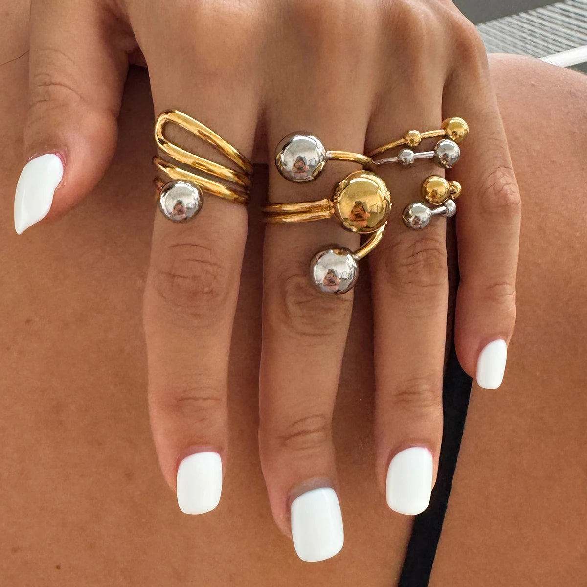 KIKA Minimalist 18k Gold Color PVD Plated Stainless Steel 316L Double tone Line Hollow Steel Ball Ring Personality Statement Stackable