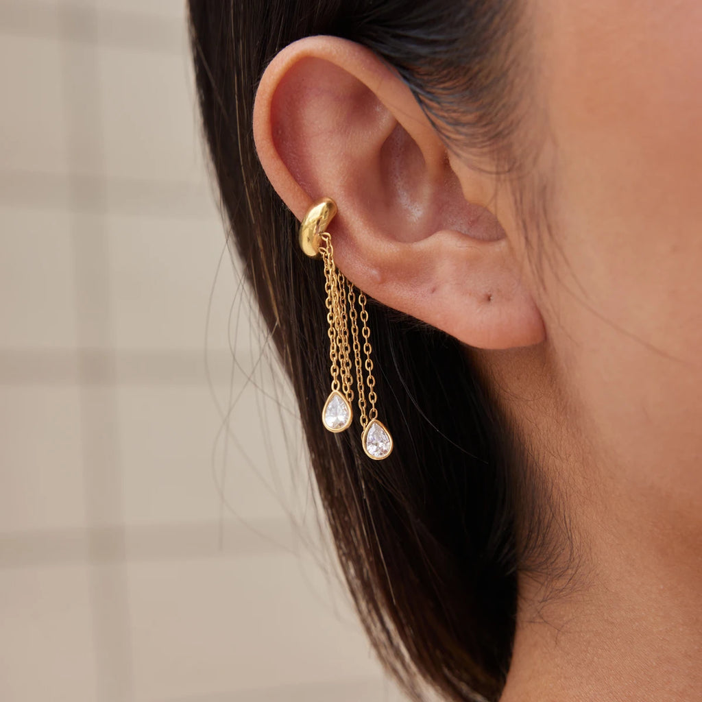 Kika 1 PC Delicate Zircon Chains Tassel Earring Gold PVD Plated Stainless Steel 316L