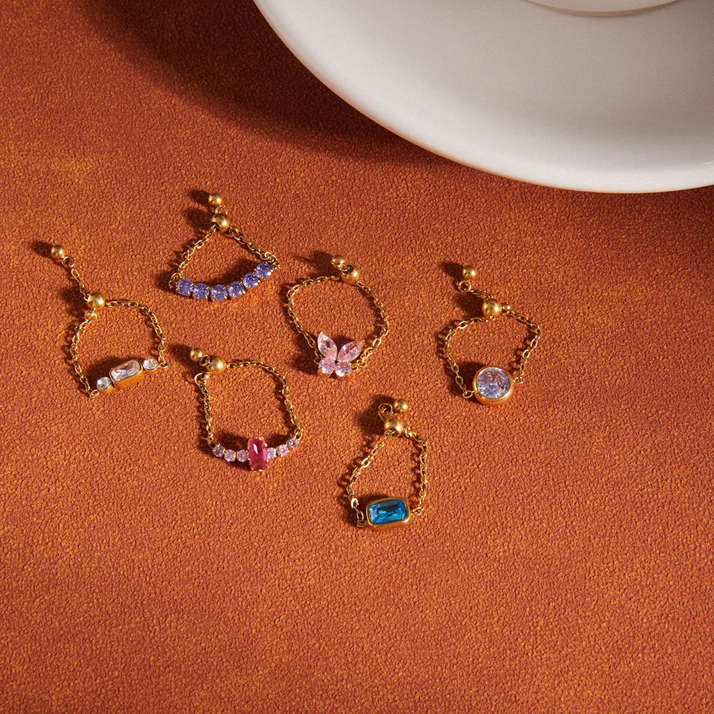 Geometric Colored Zircon Ring With Draw-Out Adjustable Design