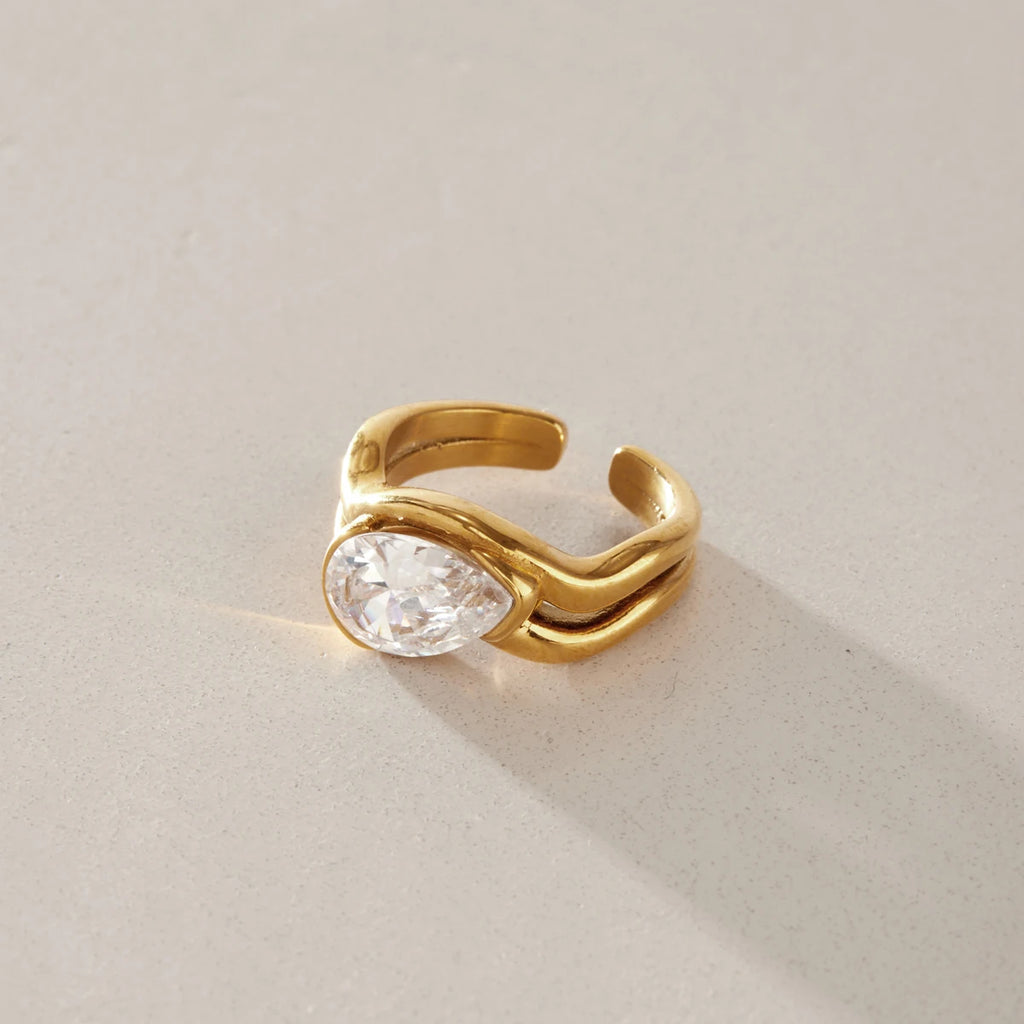 Kika Water Drop Zircon Double Layer Open Rings 18K Gold PVD Plated Stainless Steel 316L