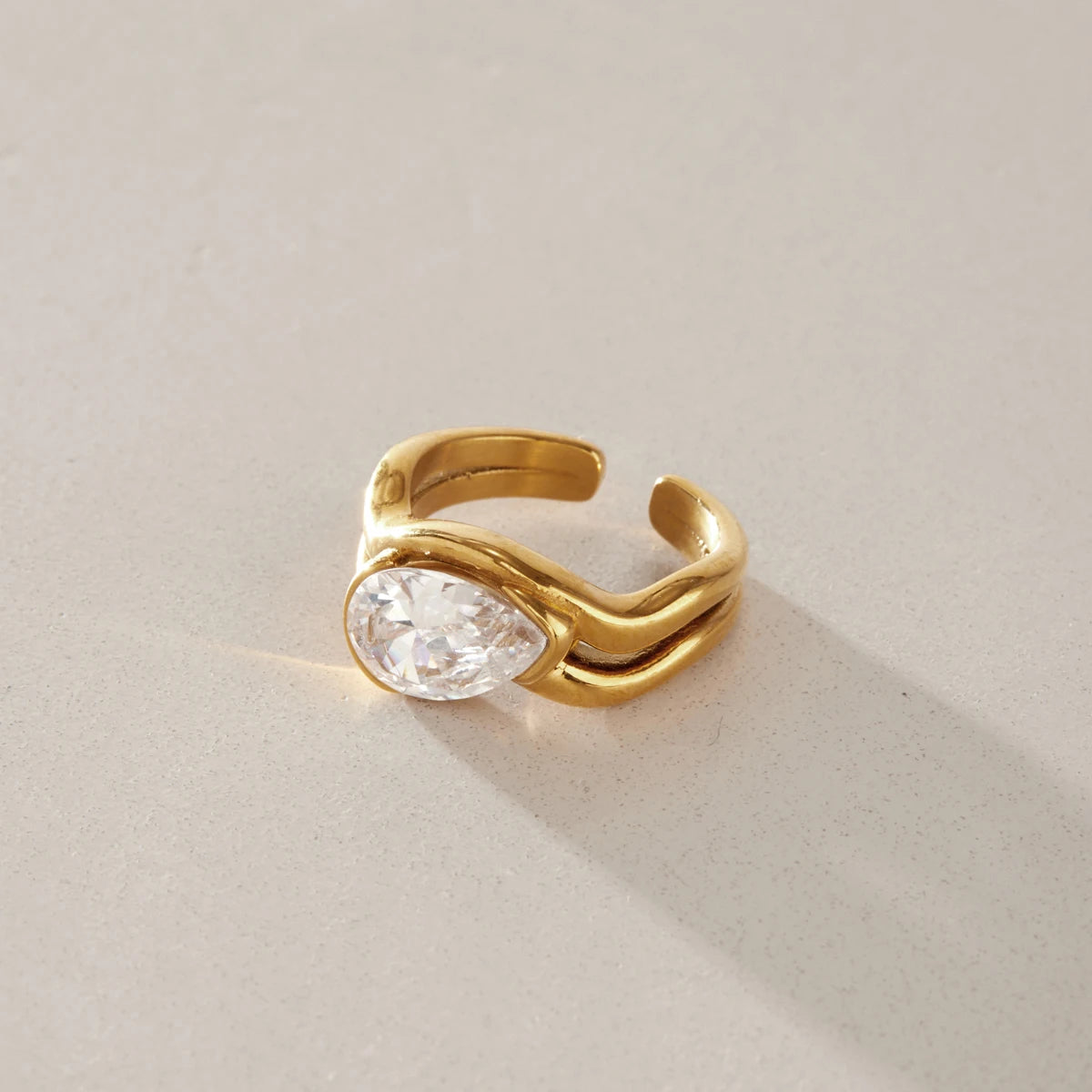 Kika Water Drop Zircon Double Layer Open Rings 18K Gold PVD Plated Stainless Steel 316L