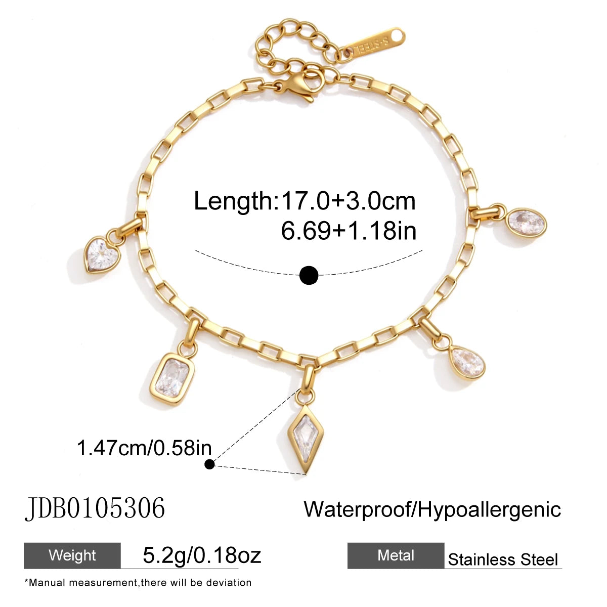 Kika Geometric Zircon Charms Bracelet 18K Gold PVD Plated Stainless Steel Bracelet 316L