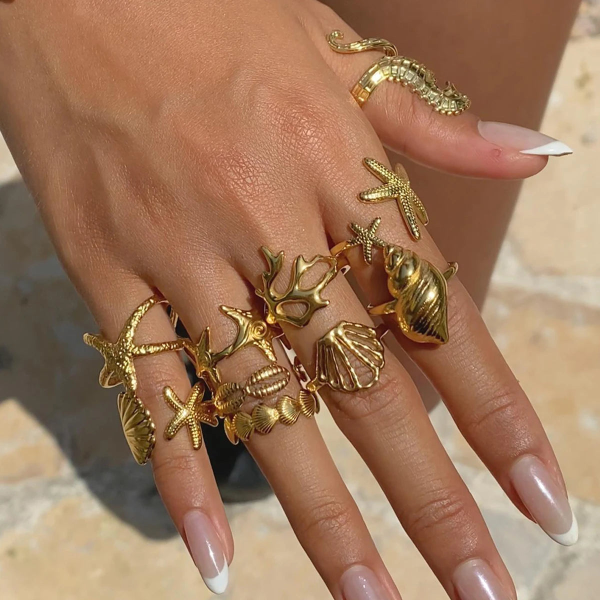 KIKA  Vacation Ocean Wind 18K Gold Color Plated Stainless Steel 316L Hollow Shell Ring Starfish Coral Stackable Ring