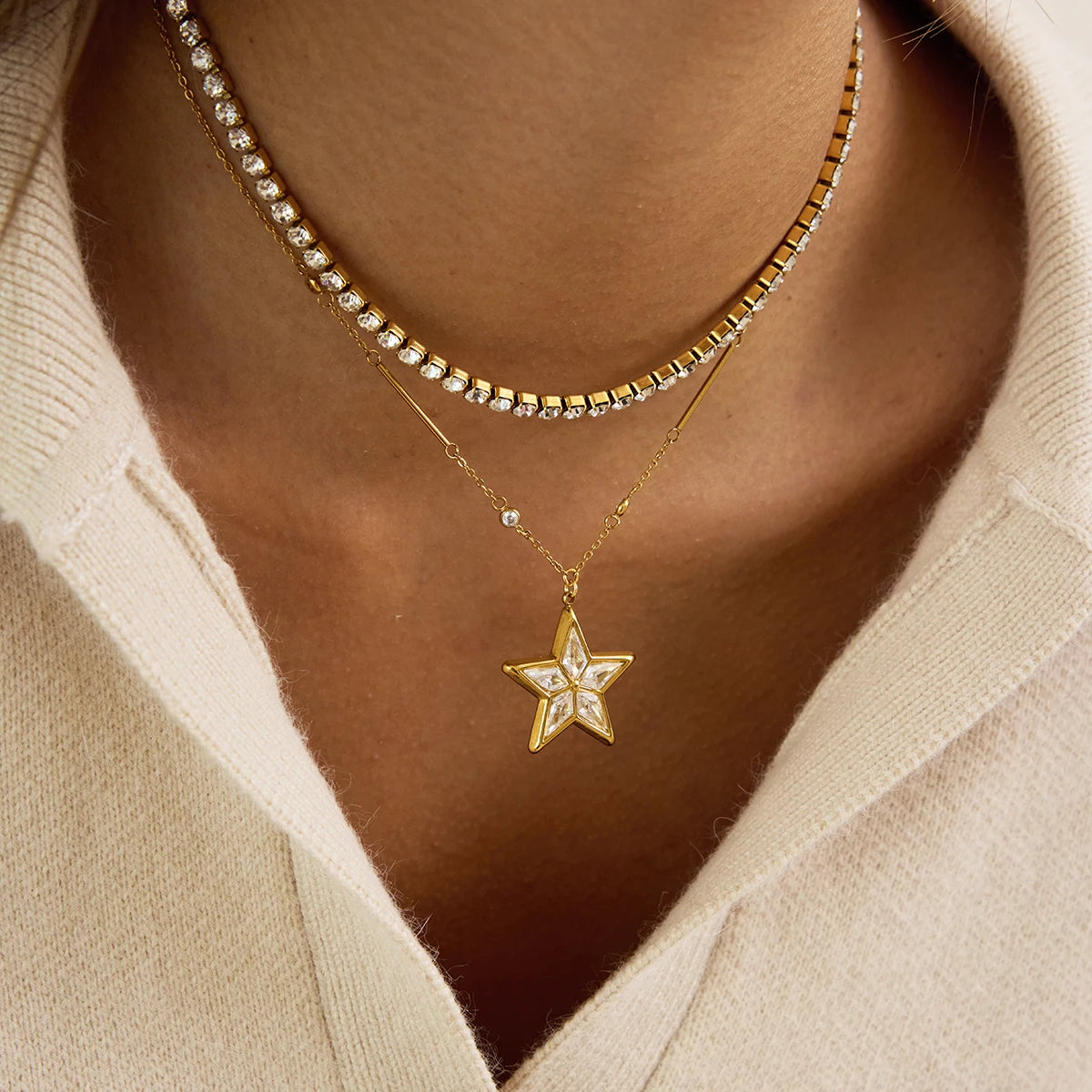 Kika Plated Gold Color Shiny Zircon Star Pendant Necklace