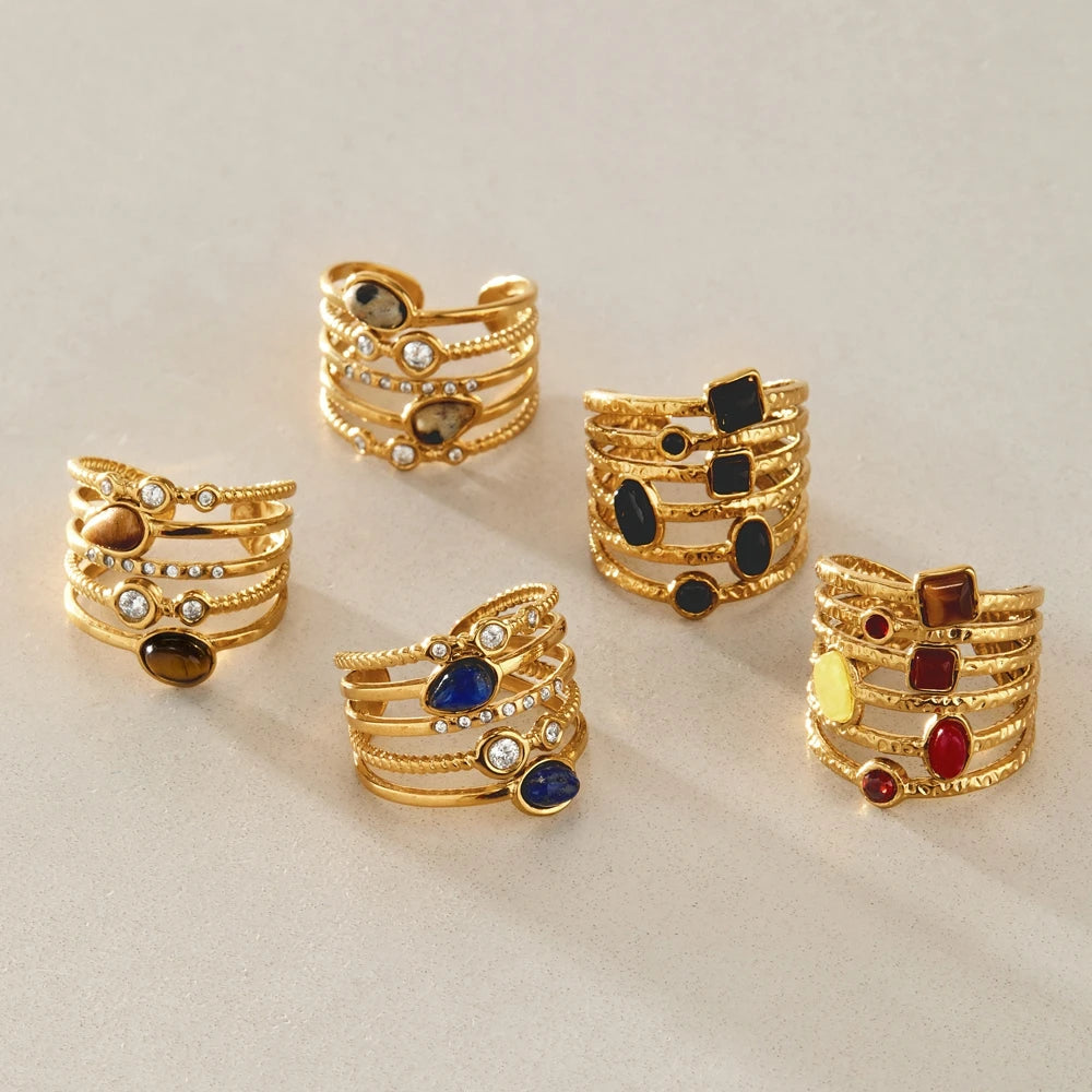 KIKA Vintage Natural Stone Rings For Women Multilayer 18K Gold PVD Plated Stainless Steel Open Rings Fashion Jewelry Gift