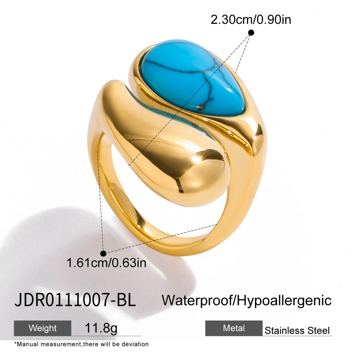 KIKA Vintage  18K Gold Color PVD Plated Blue Turquoise Asymmetric Open Rings Waterproof Stainless Steel 316L