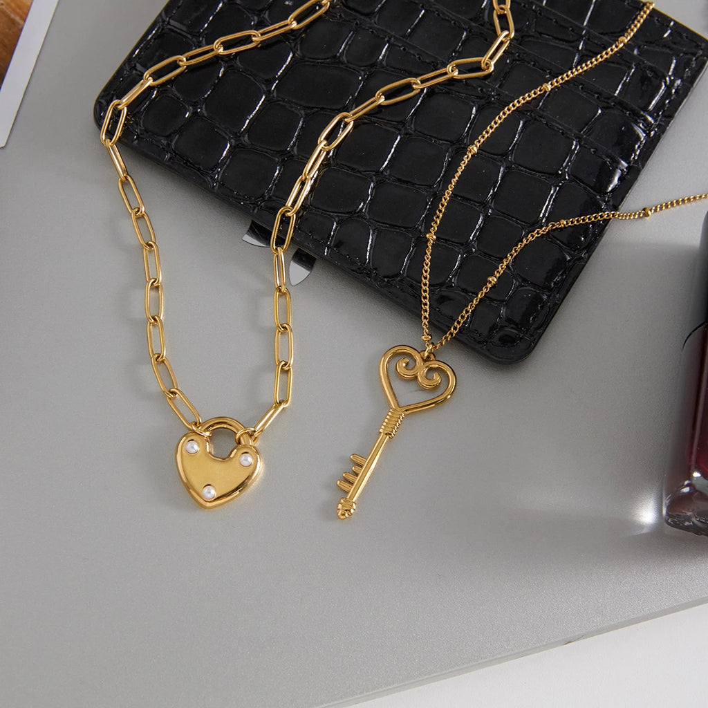 Kika Gold Color Plated Zircon Love Lock And Key Pendant Necklace