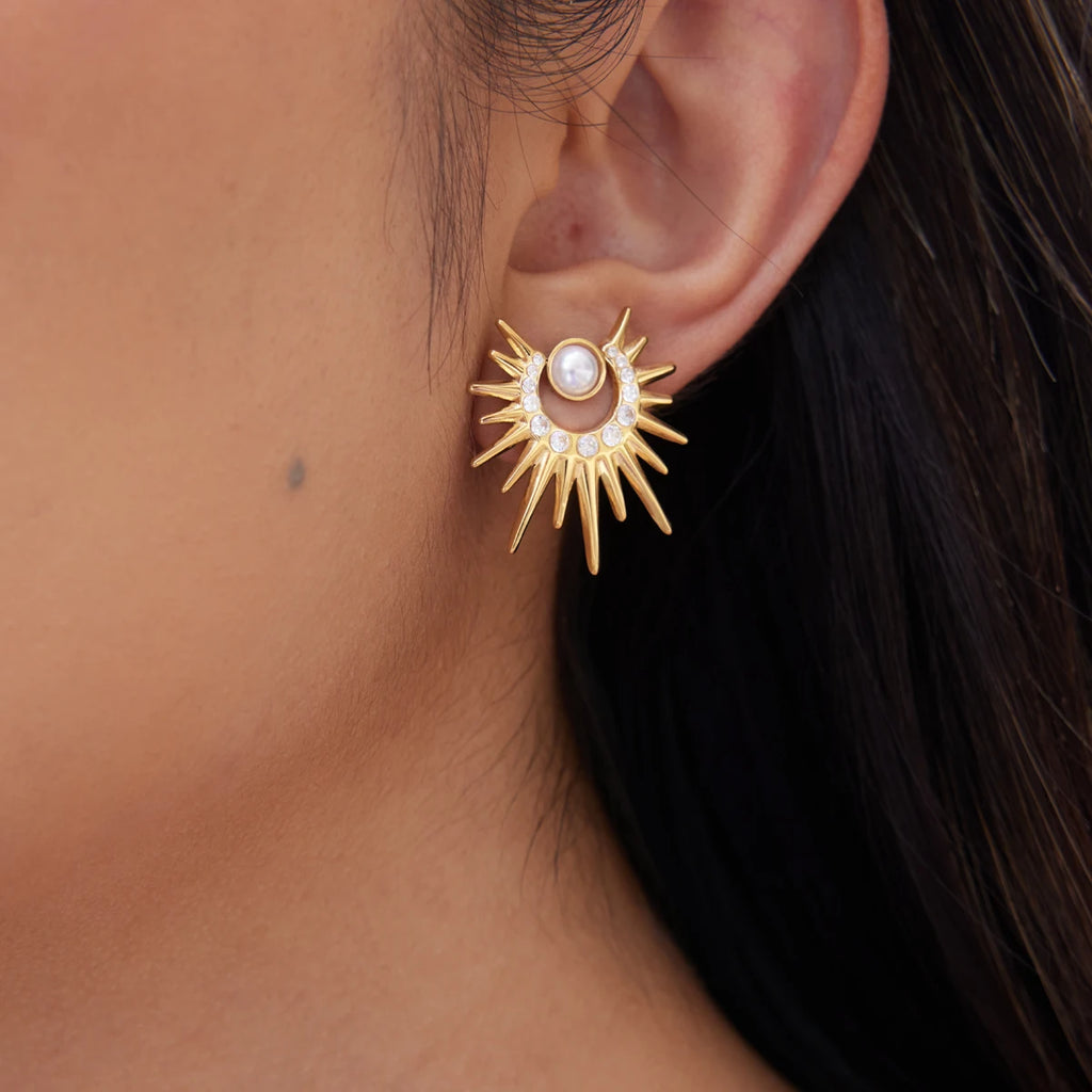 Kika Zircon Acrylic Pearl Sun Stud Earrings 18K Gold Plated Stainless Steel 316L