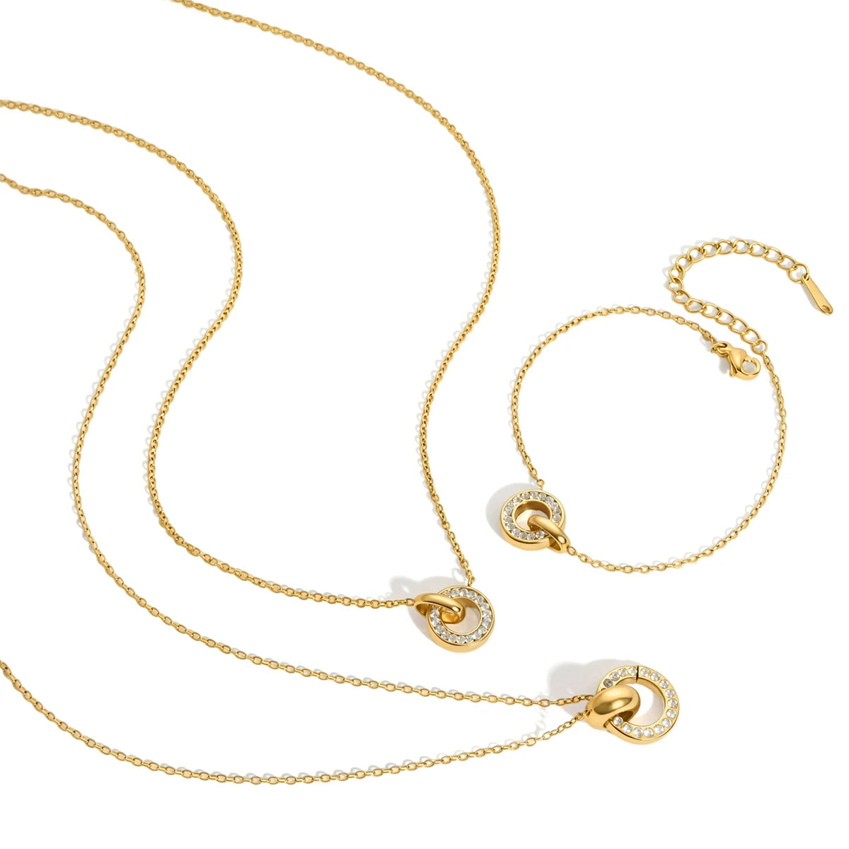 Kika Delicate White Zircon Double Ring Interlocking Pendant With O-Chain Necklace