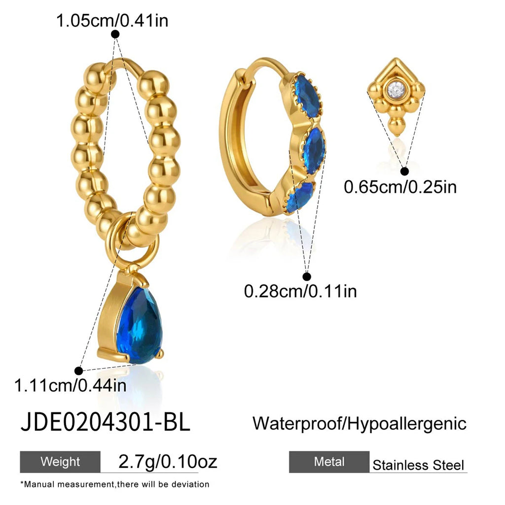 KIKA 3 Pcs/Set Elegant Zircon Earrings PVD Plated Stainless Steel 316L