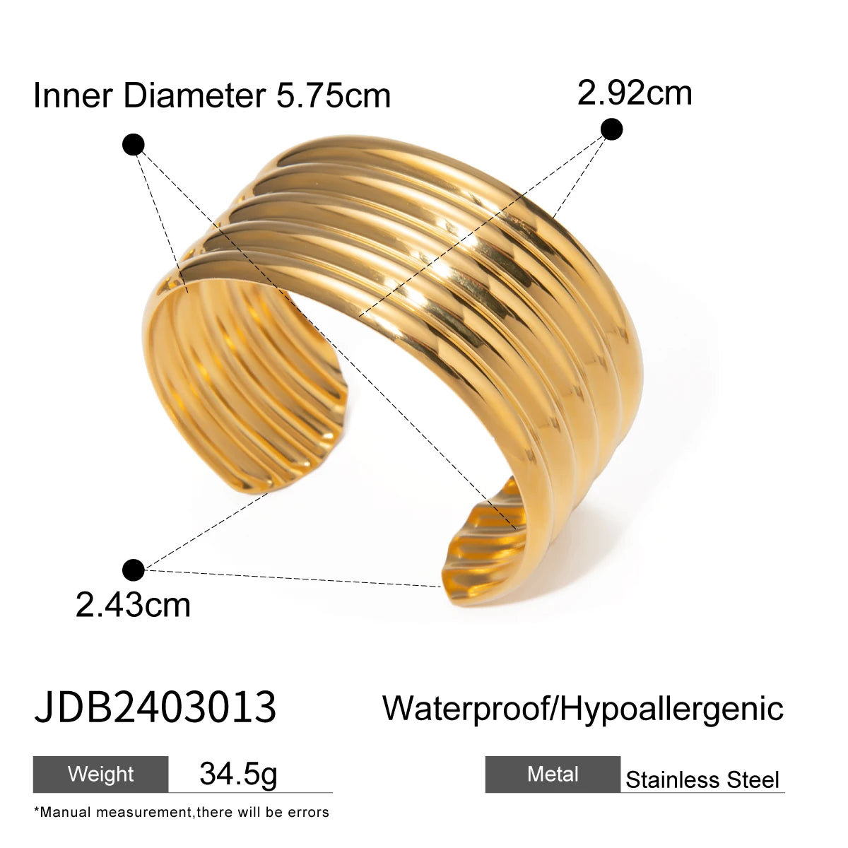 KIKA Luxury Stainless Steel Statement Gold Color Cuff Bracelet Bangle Metal Texture Temperament Fashion Waterproof Jewelry