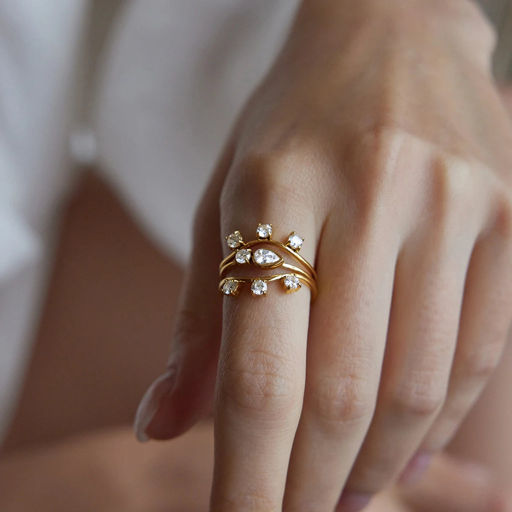 KIKA 3 Pcs/Set Stackable Geometric Zircon Rings For Women Minimalist 18K Gold PVD Plated Stainless Steel 316L