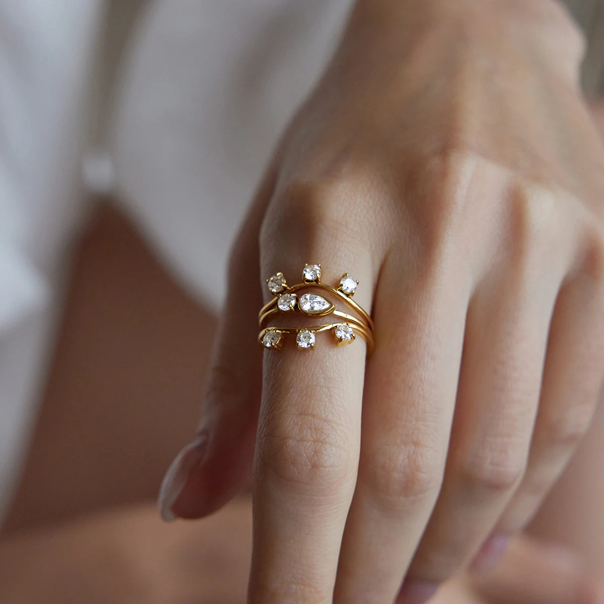 KIKA 3 Pcs/Set Stackable Geometric Zircon Rings For Women Minimalist 18K Gold PVD Plated Stainless Steel 316L