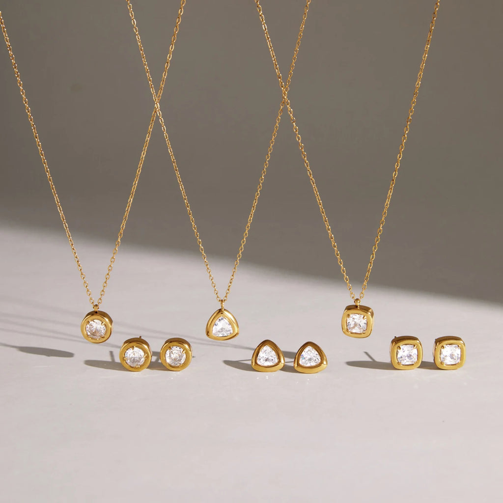 KIKA Delicate Geometric Zircon Necklace Earrings For Women Minimalist 18K Gold PVD Plated Stainless Steel 316L