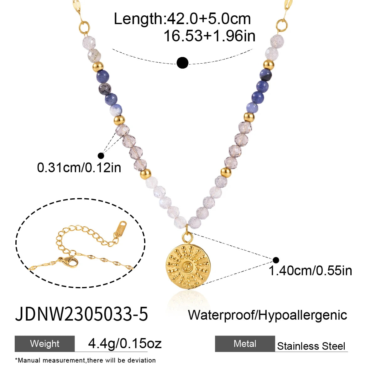KIKA Natural Stone Beads Geometric Pendant Necklace For Women 18K Gold Plated Stainless Steel 316L