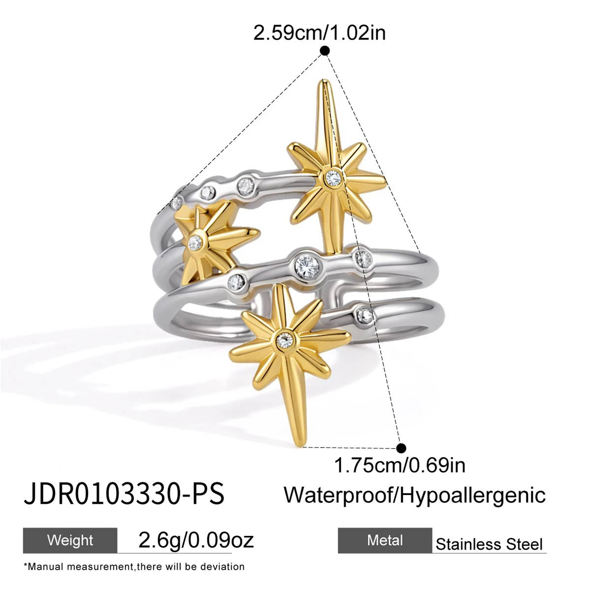 KIKA  Zircon Star Multilayer Open Rings PVD Plated Stainless Steel 316L