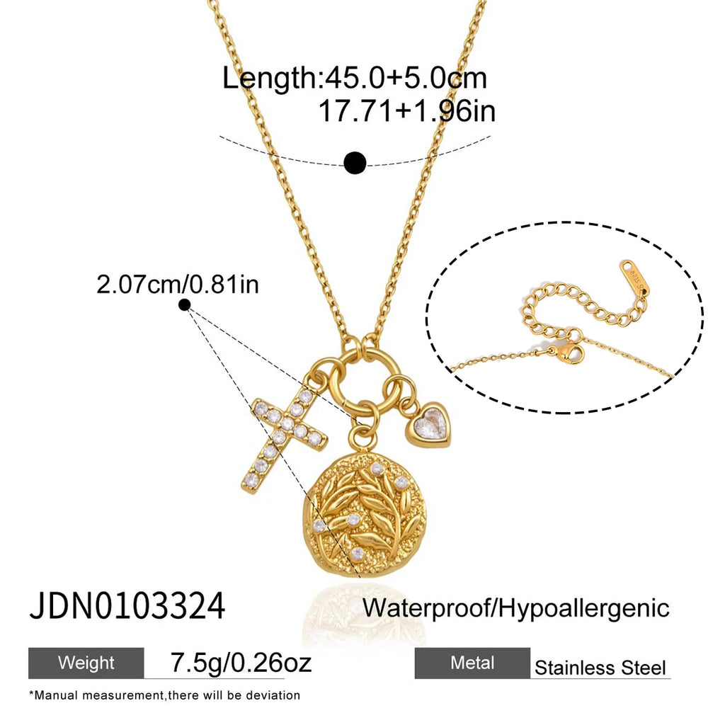 Kika Classic Zircon Cross Heart Coin Pendant Necklace