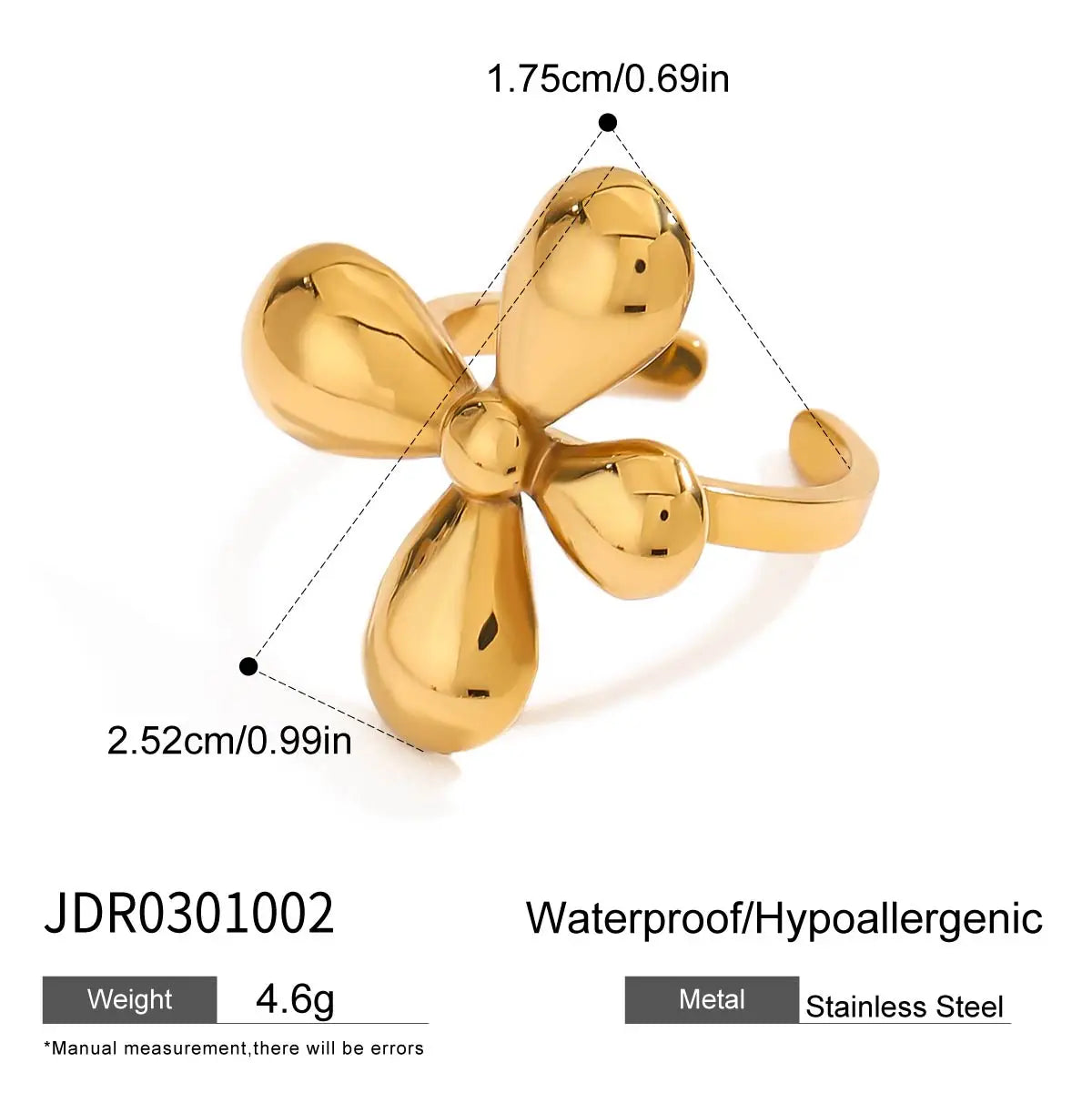 KIKA Fashion Four Petal Flower Adjustable Ring PVD Plated Stainless Steel 316L