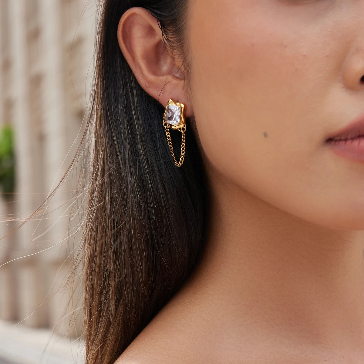 Kika Delicate Zircon Stud Earrings 18K Gold PVD Plated Stainless Steel Chain Tassel