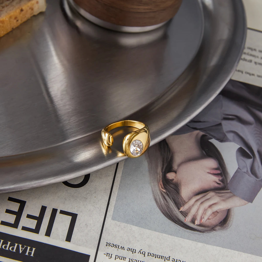 Plated Stainless Steel Rhinestone Asymmetric Oval Ring