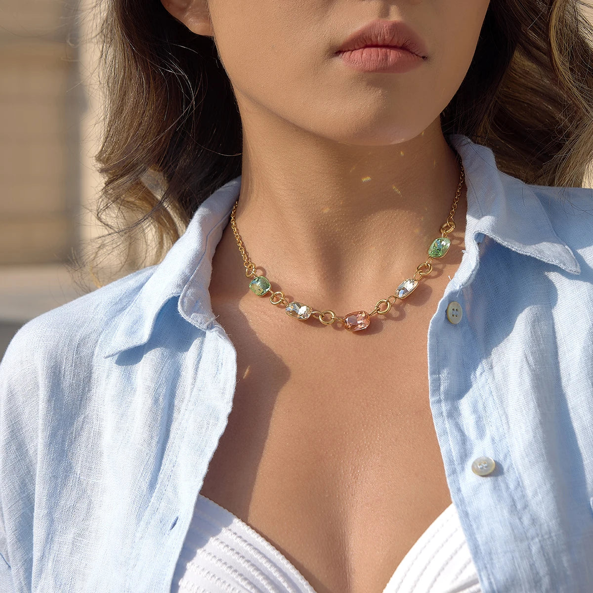 Kika Summer Delicate Geometric Colored Rhinestone Chain Necklace