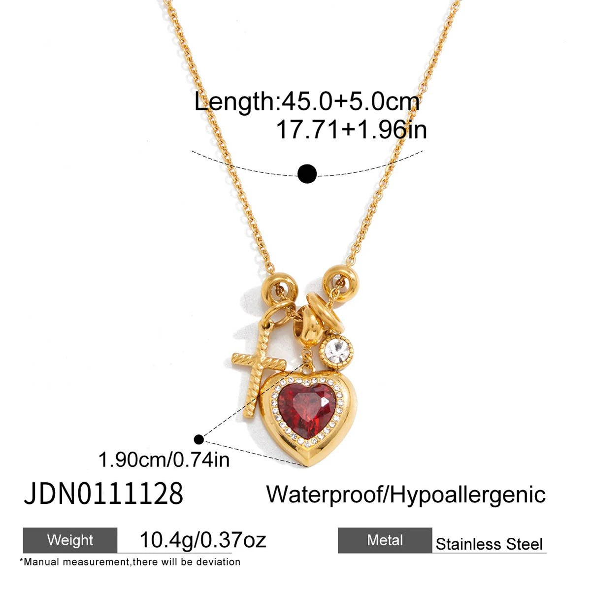 Classic Cross Red Zircon Heart Rhinestone Necklace