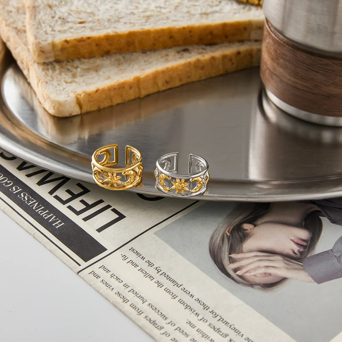 Star Moon Double Layer Open Rings Design