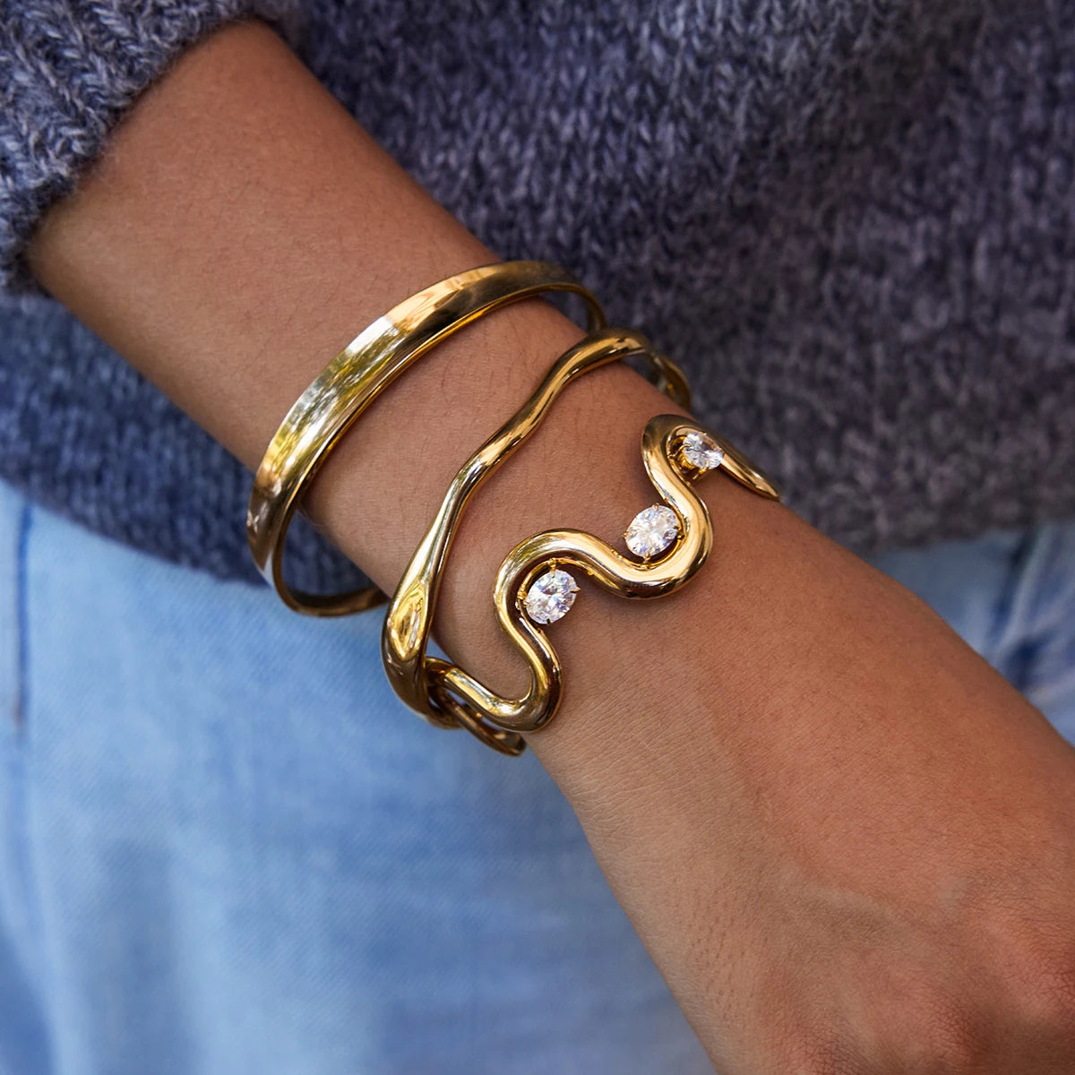 KIKA Classic Trendy 18K Gold Color PVD Plated Elliptical White Zircon Irregular Open Bracelets Waterproof Stainless Steel 316L