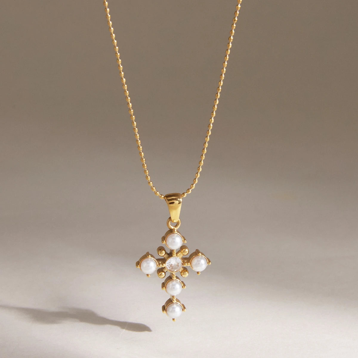 KIKA Classic Zircon Imitation Pearl Cross Pendant Necklace PVD 18K Gold Plated Stainless Steel 316L