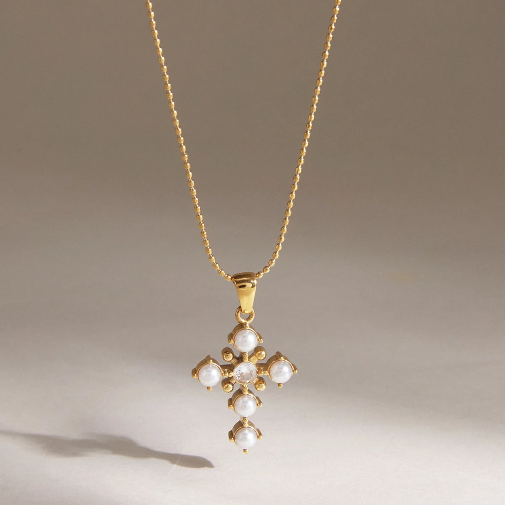 KIKA Classic Zircon Imitation Pearl Cross Pendant Necklace PVD 18K Gold Plated Stainless Steel 316L
