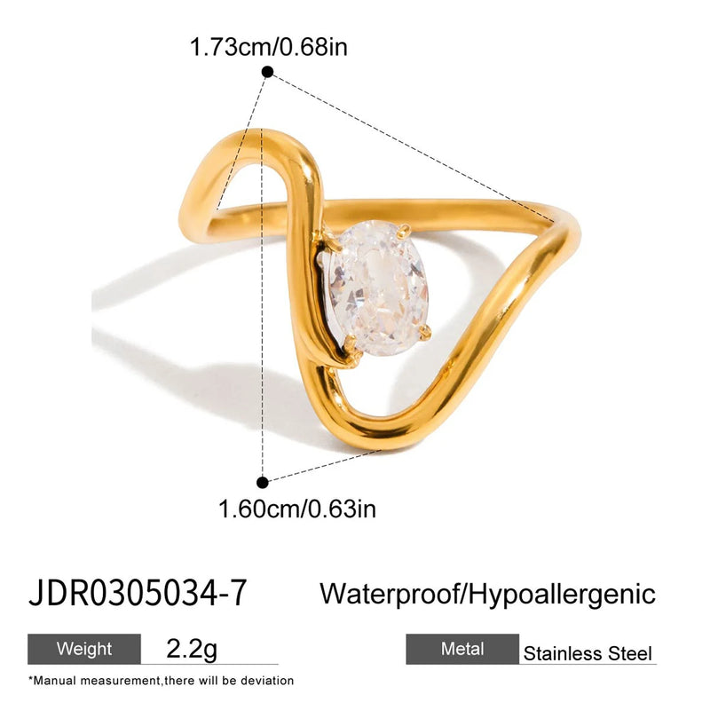 Kika Simple Classic 18K Gold Color Plated Stainless Steel Oval Zircon Line Ring