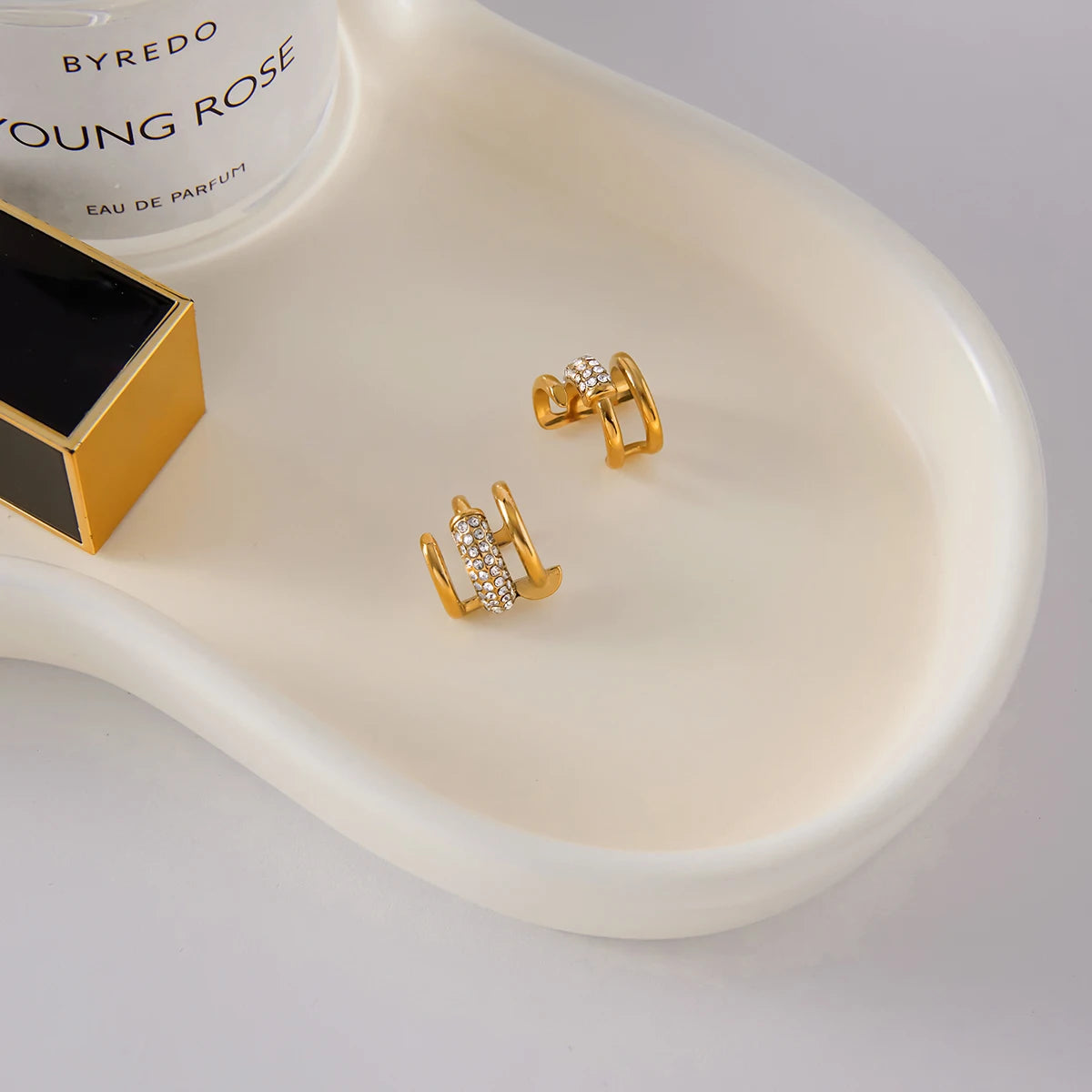KIKA Delicate Three Layer Ear Clip With White Rhinestone Earrings  PVD  Plated Stainless Steel 316L