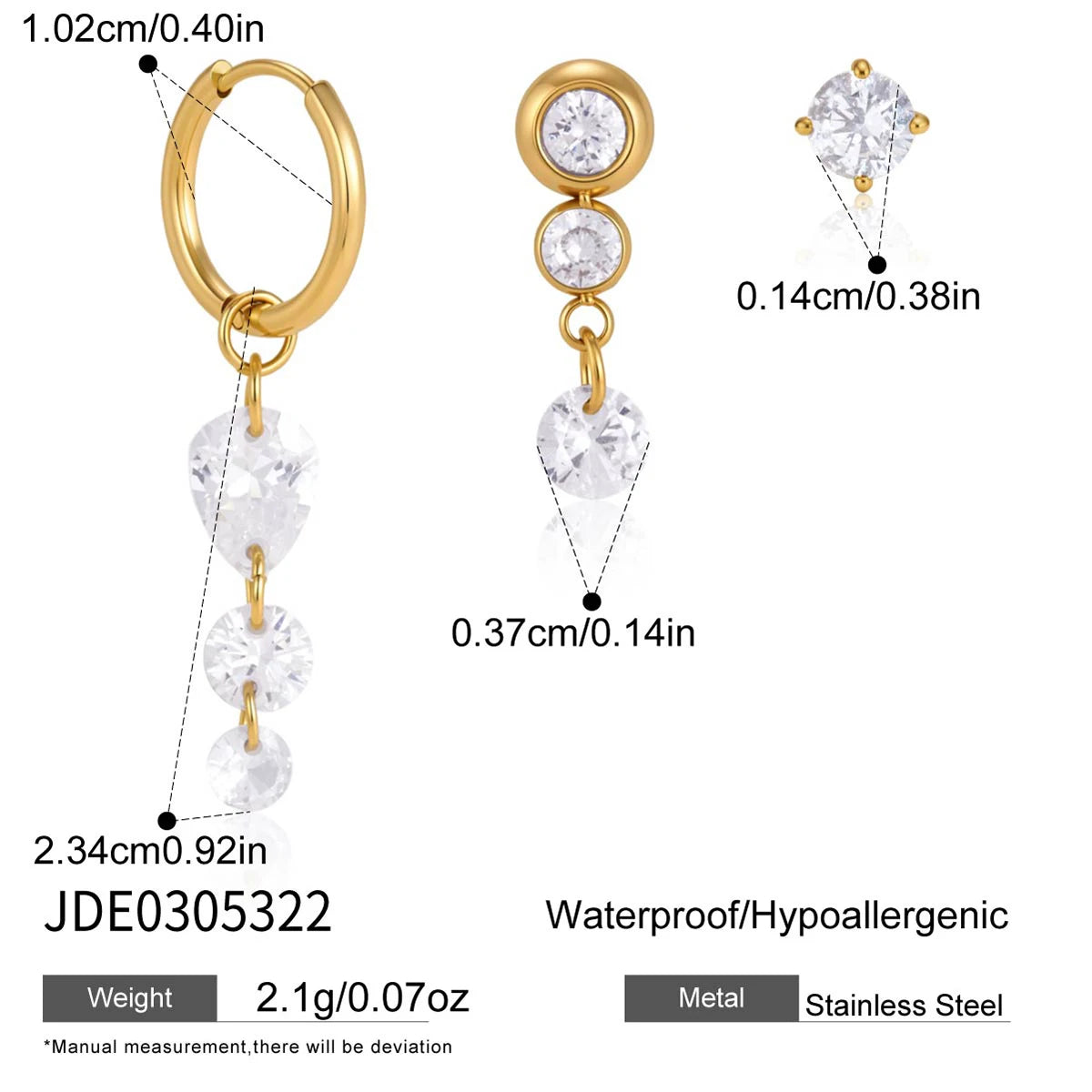 Kika 3 Pcs/Set Delicate Zircon Earrings For Women Minimalist 18K Gold PVD Plated Stainless Steel 316L