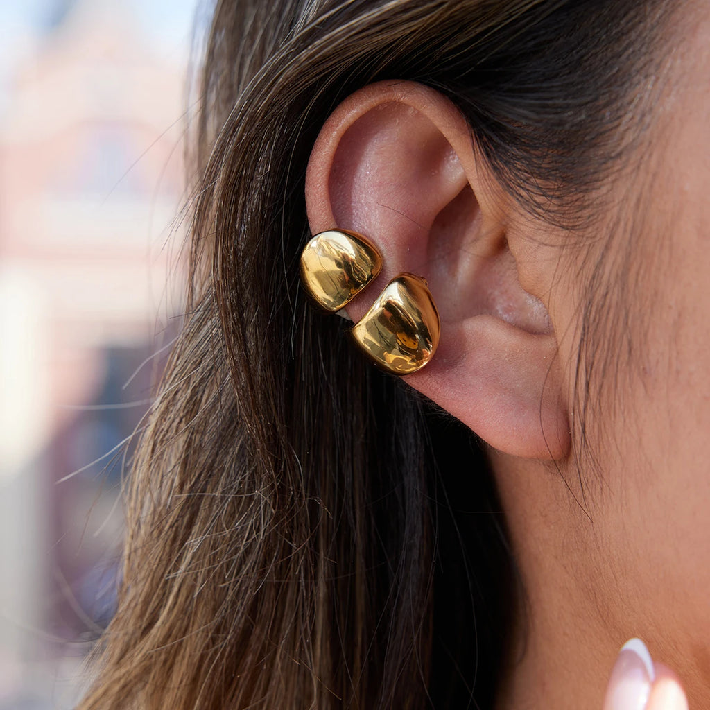 KIKA Classic 18K PVD Plated Gold Color Wide-Faced Double-Layer Ear Clip Earrings Women Waterproof Stainless Steel 316L
