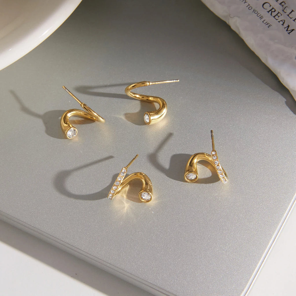 Kika  Geometric Wave Shape Stud Earrings Minimalist 18K Gold PVD Plated Stainless Steel 316L