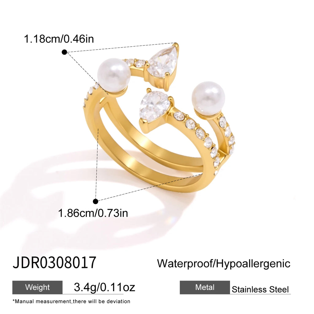 KIKA Elegant Zircon Imitation Pearl Open Rings For Women Minimalist 18K Gold Plated Stainless Steel Rings Fashion Jewelry Gift
