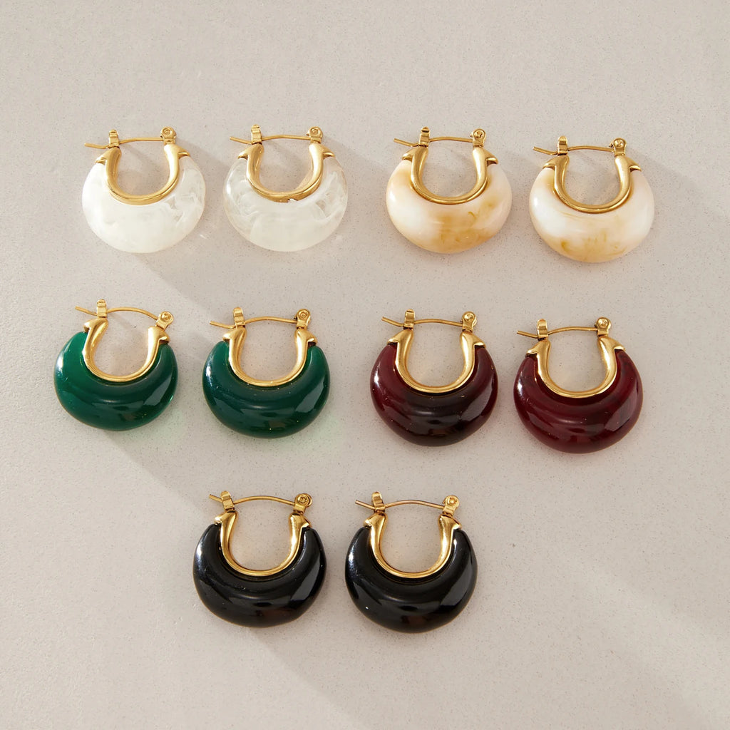 KIKA Vintage Chunky U Shape Resin Clip Earrings For Women 18K Gold PVD Plated Stainless Steel 316L