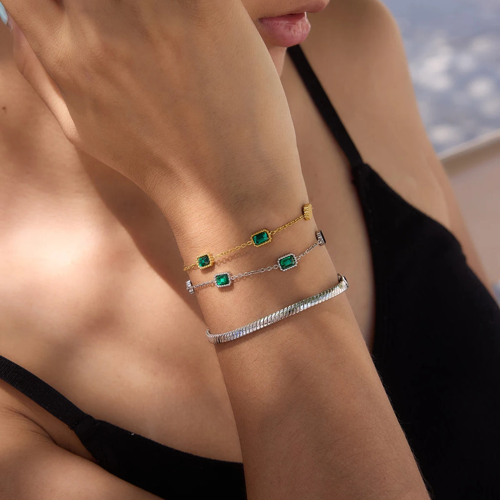 KIKA Elegant Green Zircon Chain Bracelet PVD Plated Stainless Steel 316L